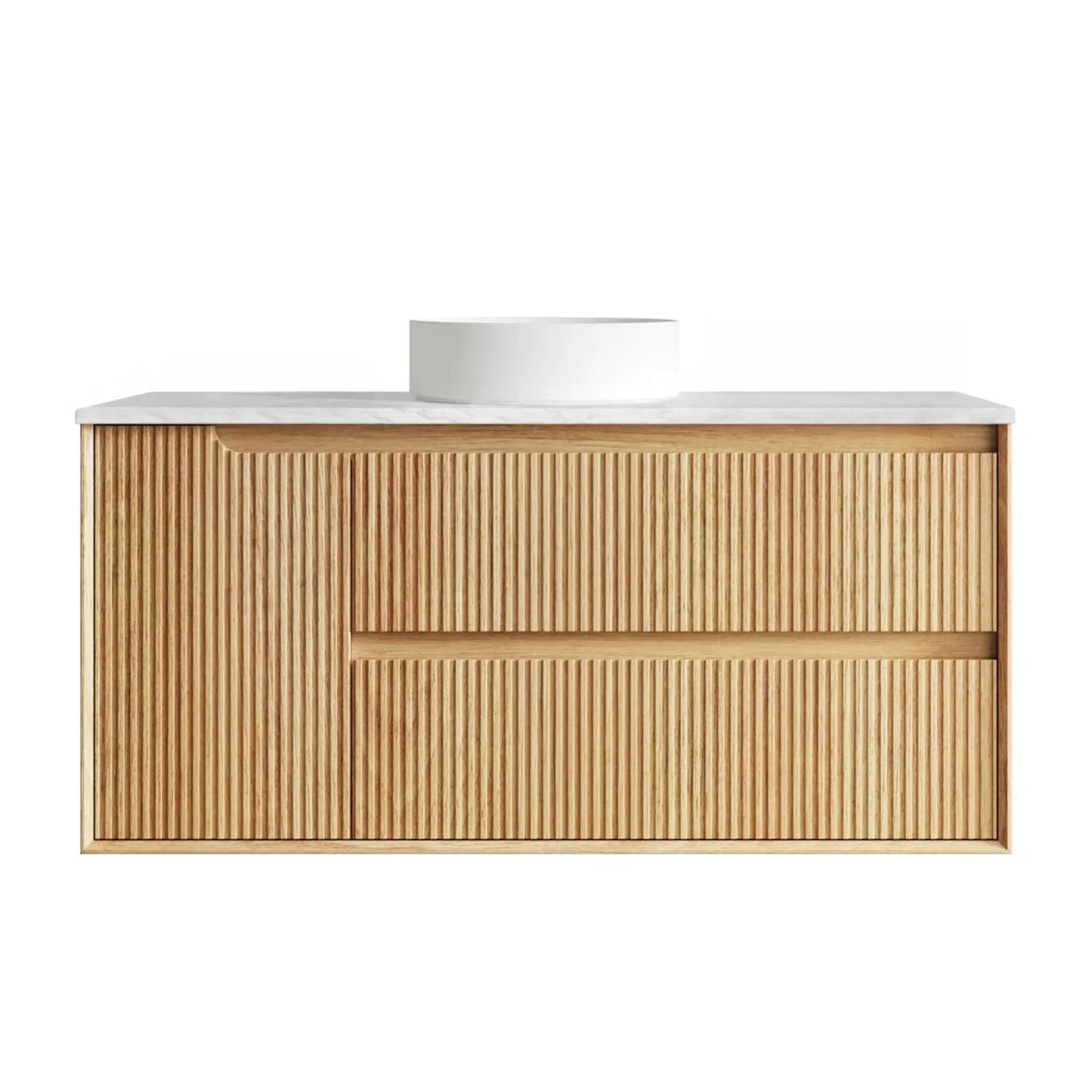 Otti Byron Fluted Woodland Oak Wall Hung Vanity with Cloudy Carrara Top