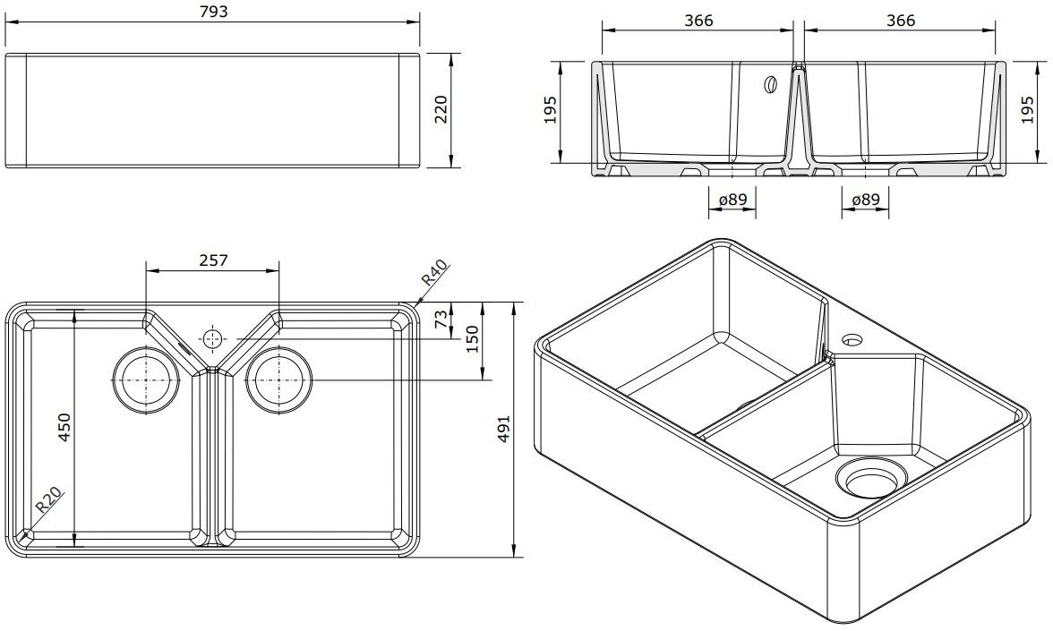 Chester 80 x 50 Double Flat Front Fine Fireclay Farmhouse Butler Sink