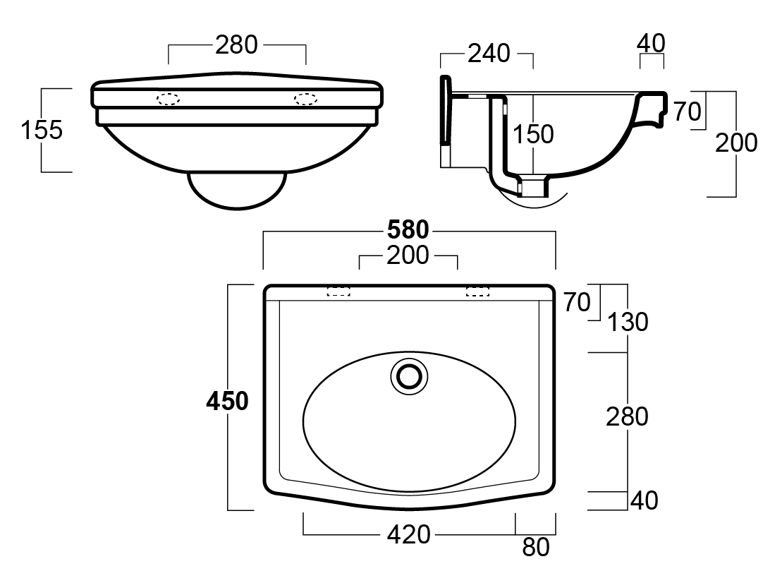 Claremont 58 x 45 Wall Hung Basin Without Taphole