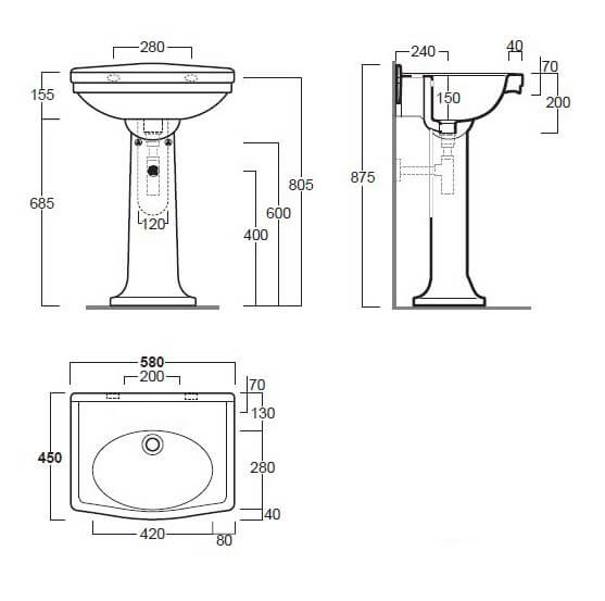 Claremont 58 x 45 Basin & Pedestal Without Taphole