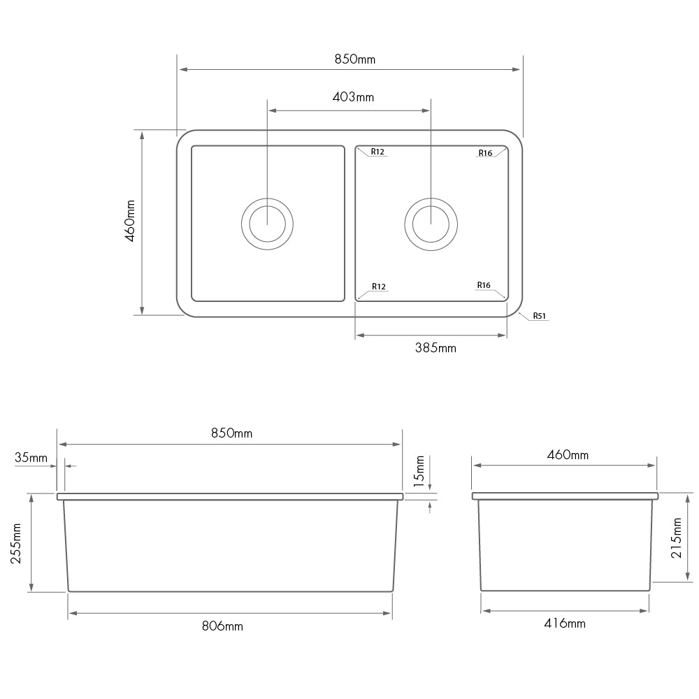 Cuisine 85 x 46 Double Inset / Undermount Fine Fireclay Sink Matte Black