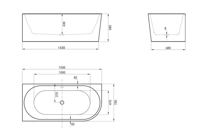 Left Corner 1500x750x580 Gloss White Bathtub OF