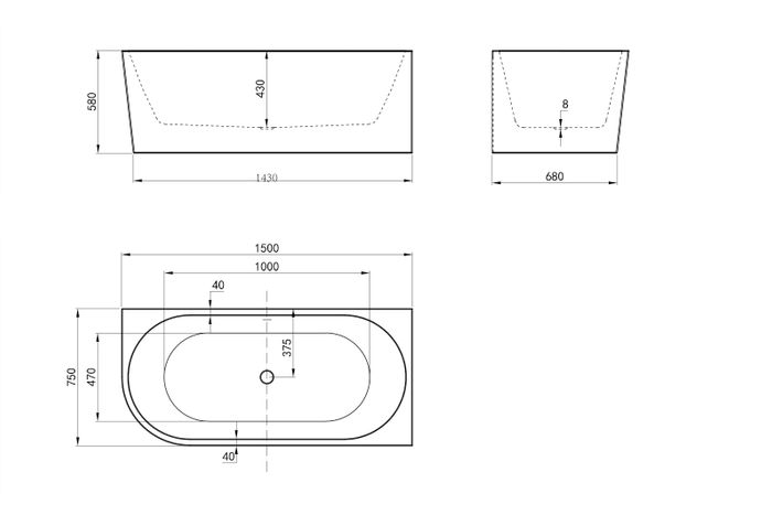 Right Corner 1500x750x580 Gloss White Bathtub OF