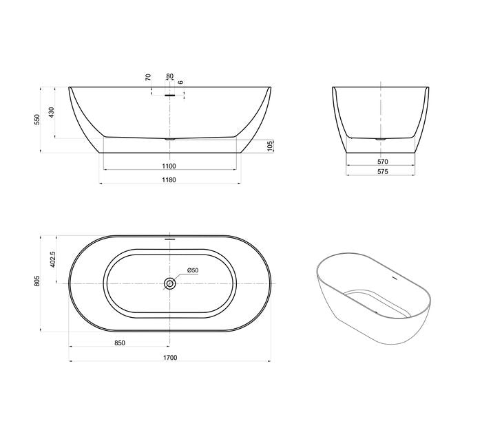 Attica Manolo 1700 Gloss White Bath with Overflow
