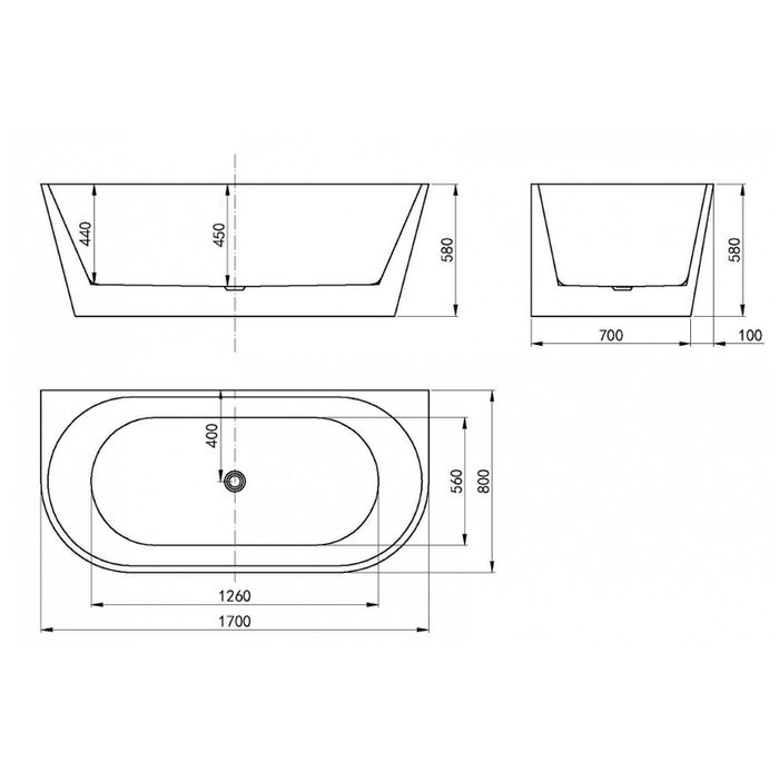 Verona 1700x800x580 Matte White Back to Wall Bathtub NF