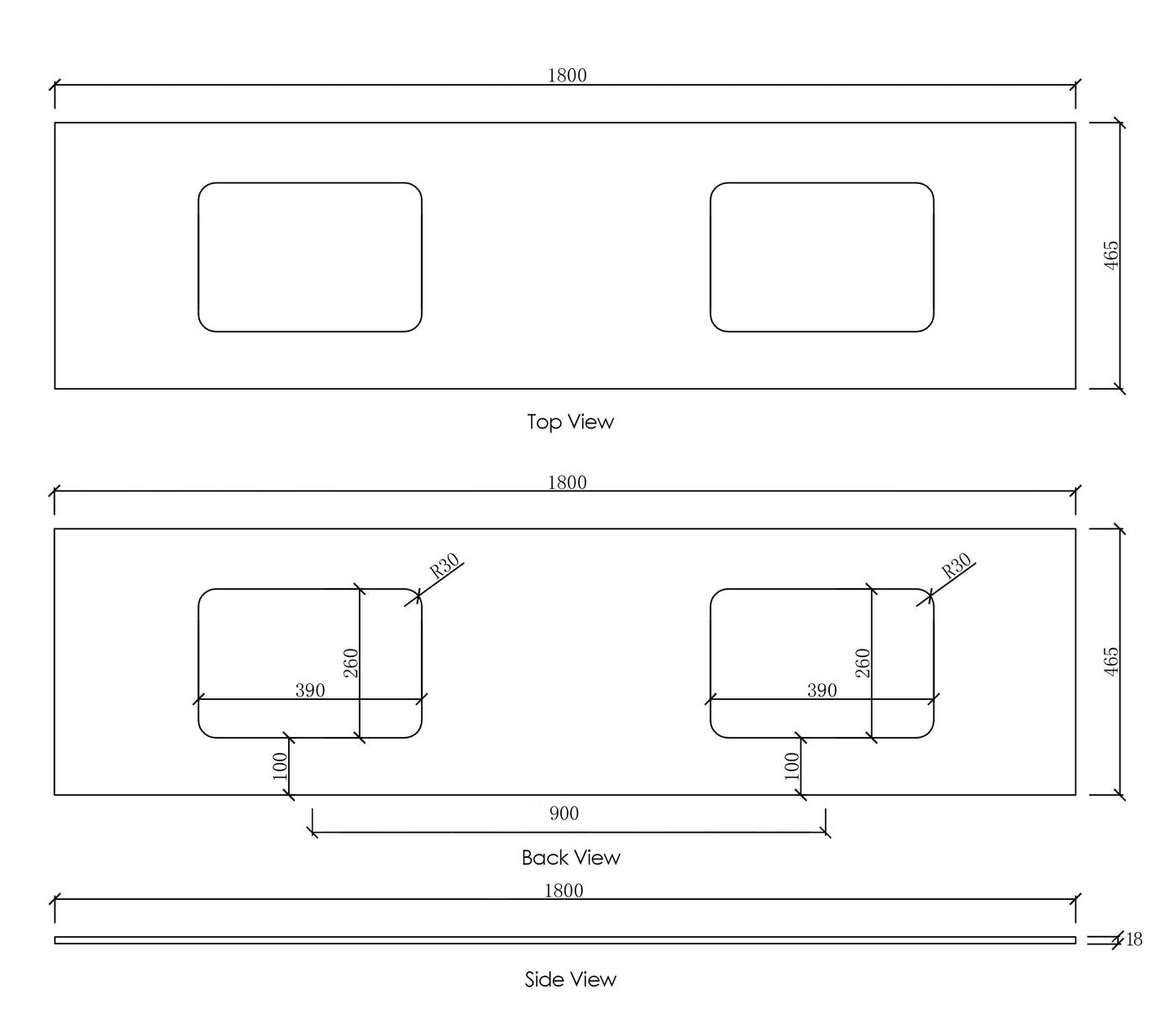 Natural Carrara Marble 1800x465x18 Top with Double Undermount Basins