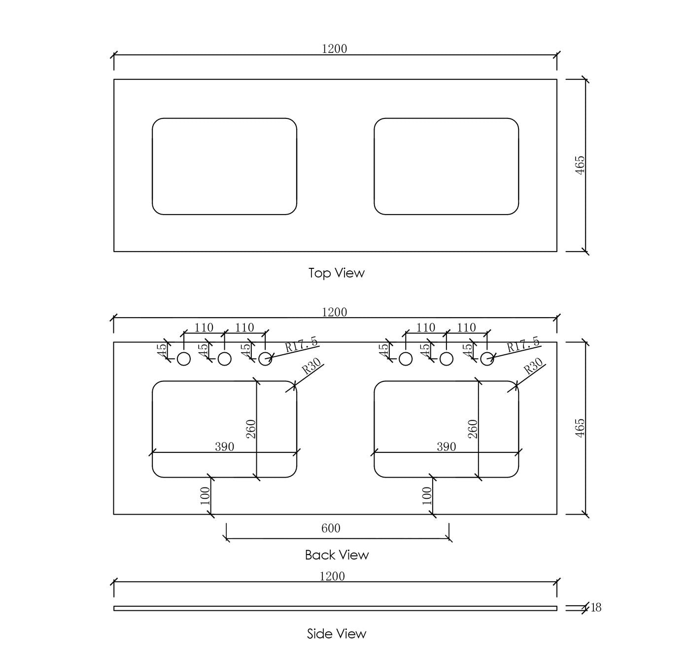 Natural Carrara Marble 1200x465x18 Top with Double Undermount Basins