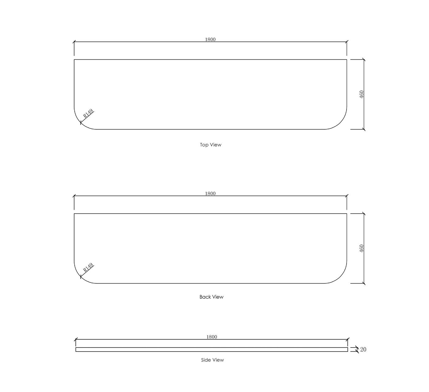Bondi 1800x460x20 Solid Surface Matte White Top No Hole