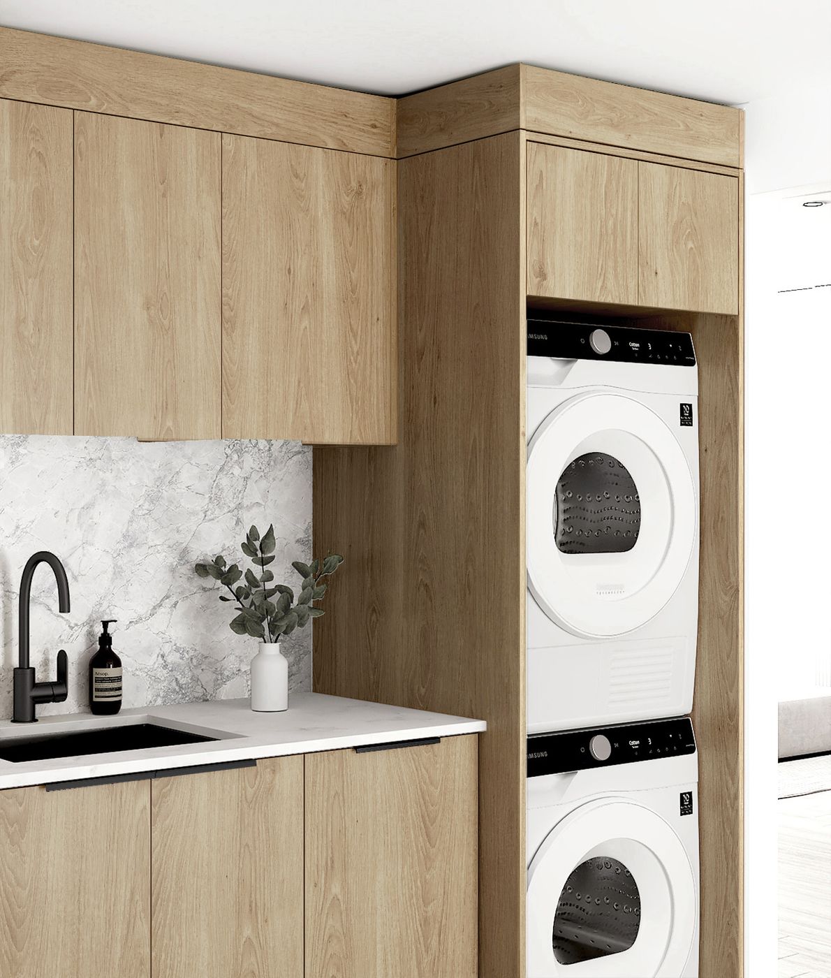 Laundry Kit 1715C Byron/Bondi Natural Oak with Cloudy Carrara Top