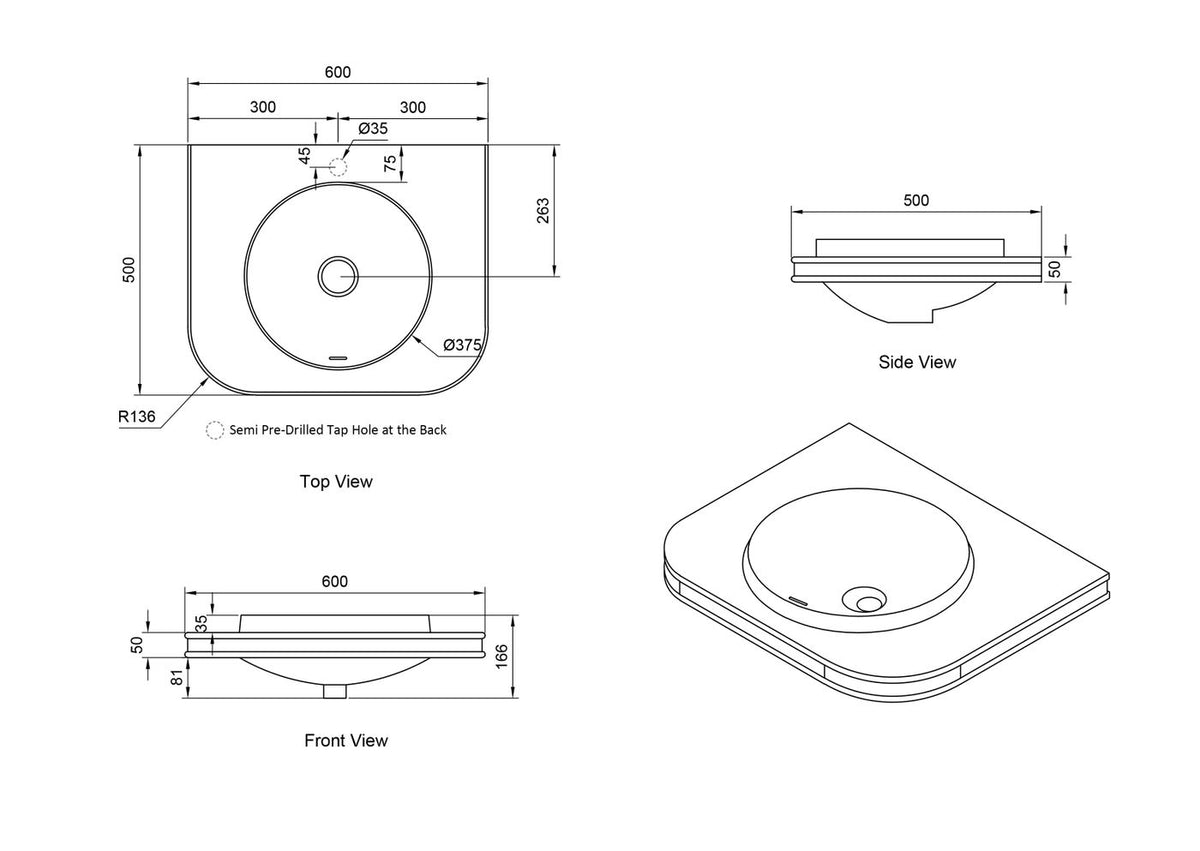 Havana English Edge 600x500x50 Matte White with Round Basin Top