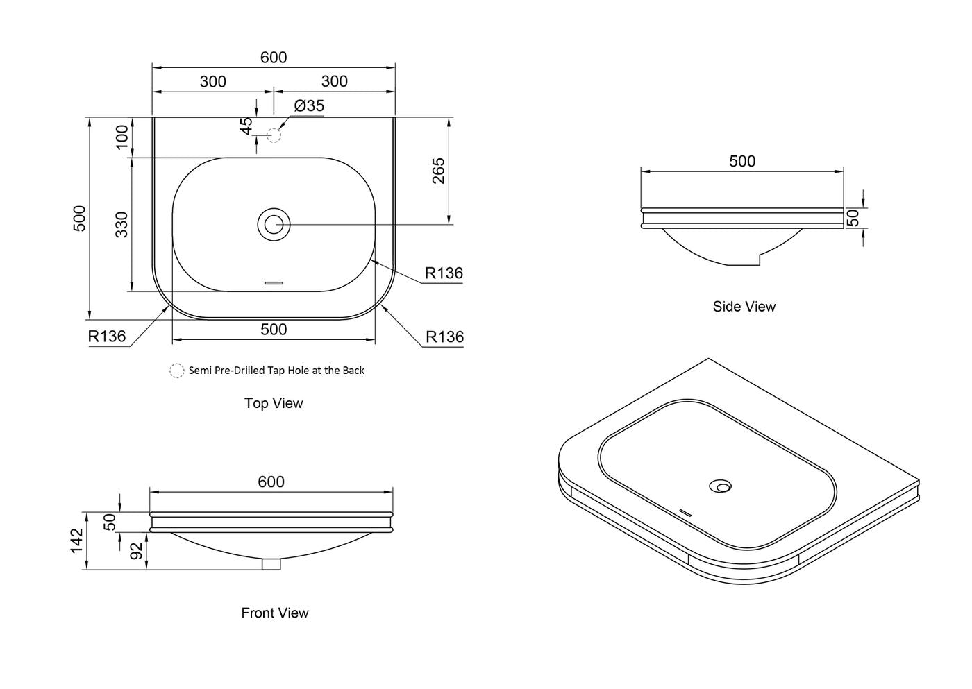 Havana English Edge 600x500x50 Matte White with Soft Square Basin Top