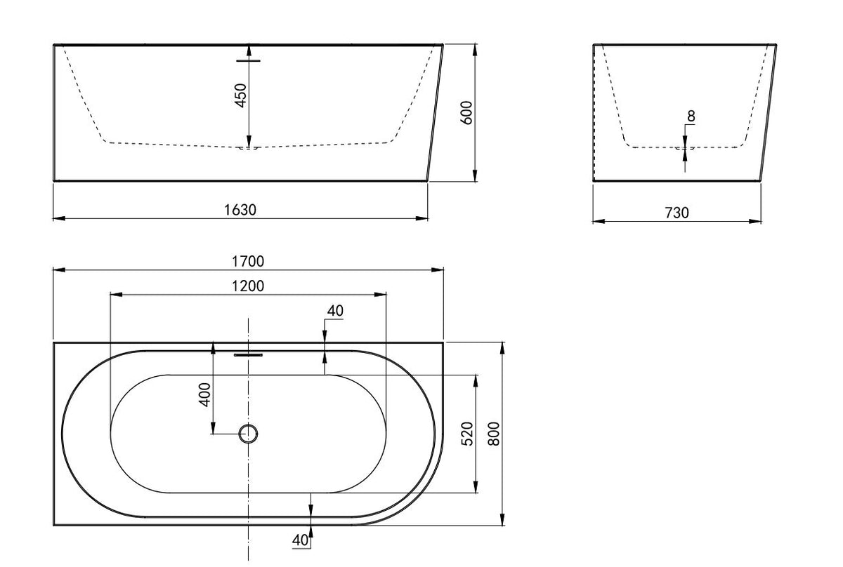 Left Corner 1700X800X600 Gloss White Bathtub OF