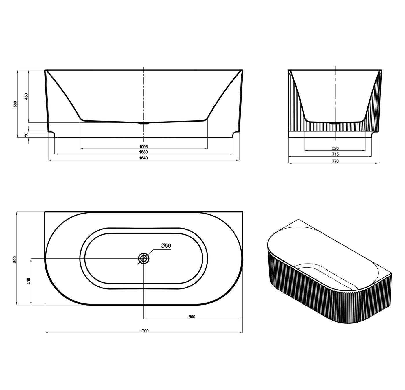 Attica Havana 1700 Matte White BTW Multi-fit Fluted Bath with Overflow