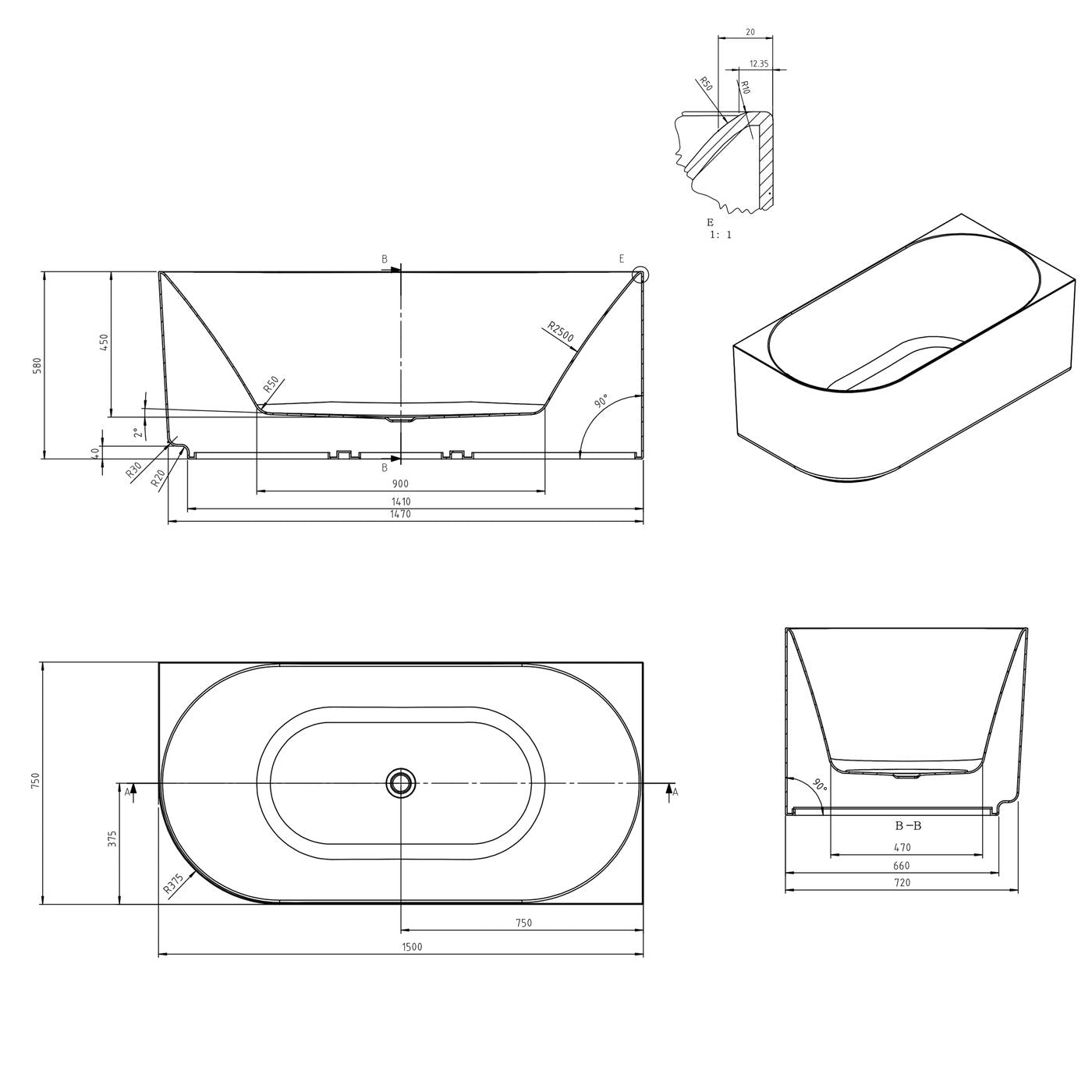 Attica Celine Right Corner 1500 Matte White Bath with Overflow