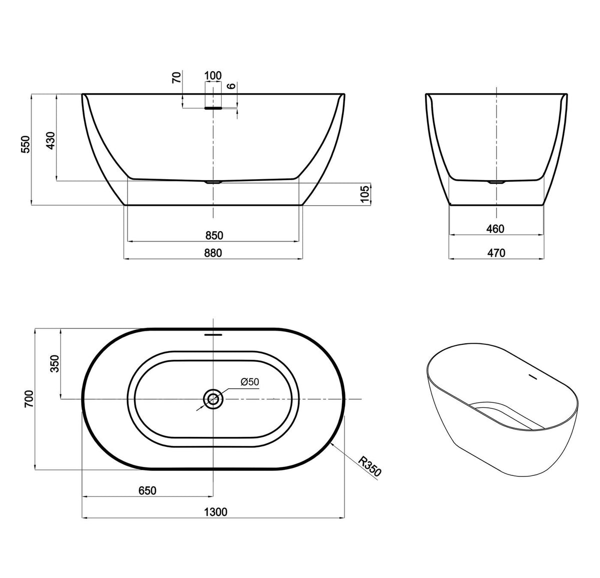Attica Manolo 1300 Gloss White Bath with Overflow