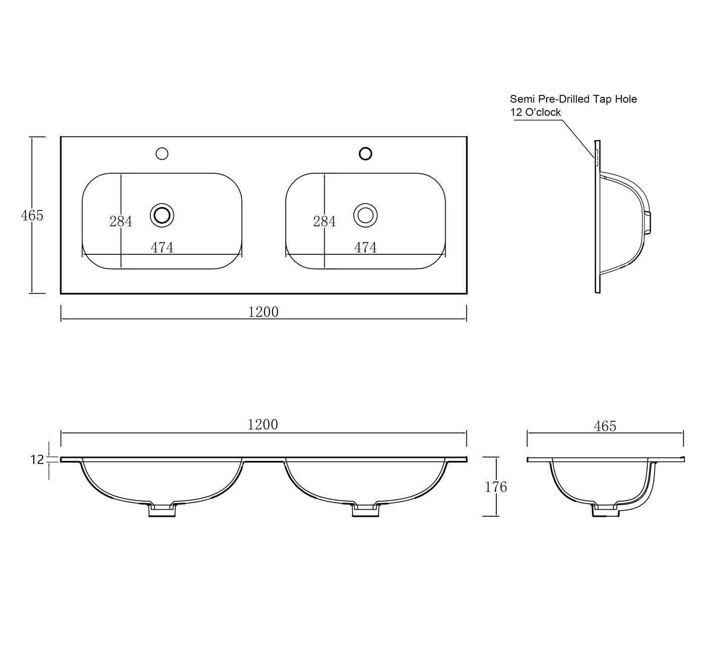 Chloe 1200x465 Silk Matte White Top with Double Basins