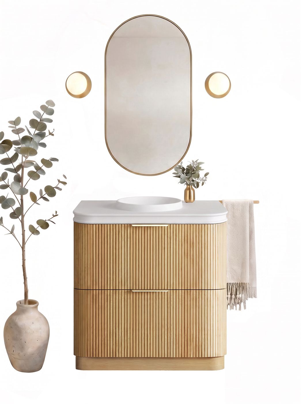 Havana 900mm Woodland Oak Fluted Floorstanding Curve Vanity with Square Basin Moulded Top