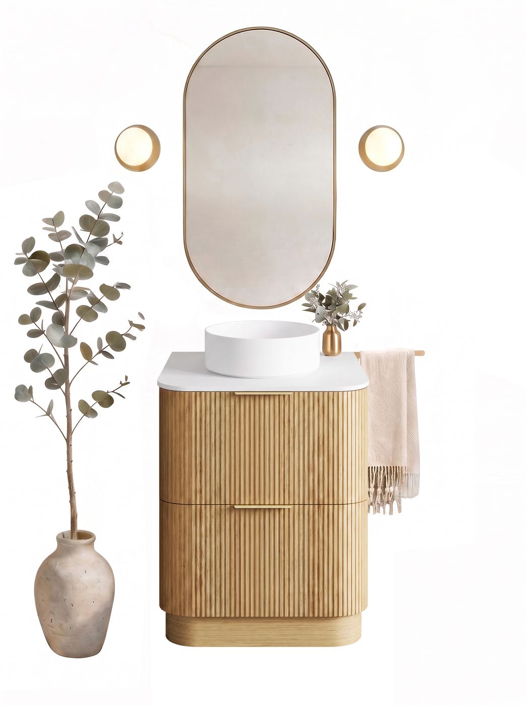 Havana 750mm Woodland Oak Fluted Floorstanding Curve Vanity with Pure White Top