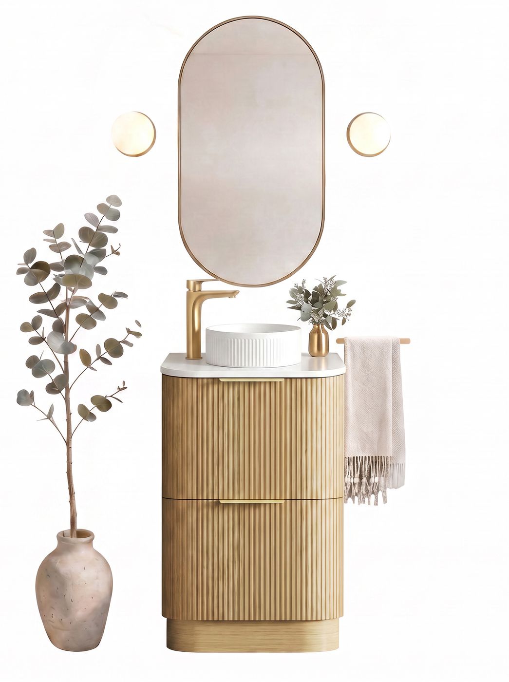 Havana 600mm Woodland Oak Fluted Floorstanding Curve Vanity with Pure White Top