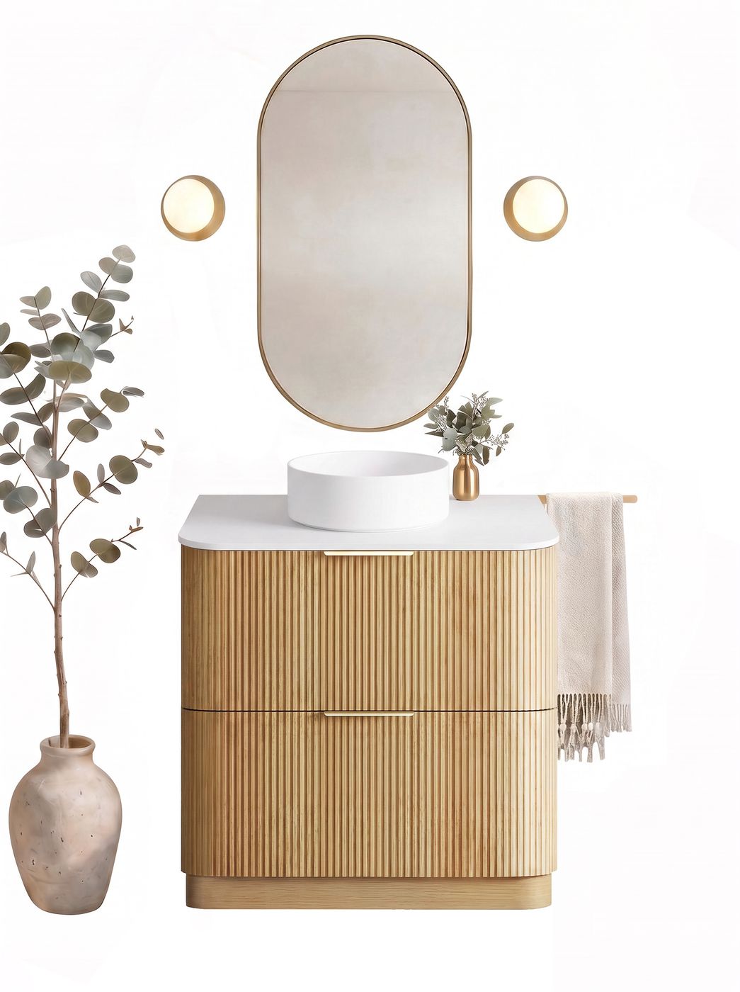 Havana 900mm Woodland Oak Fluted Floorstanding Curve Vanity with Pure White Top