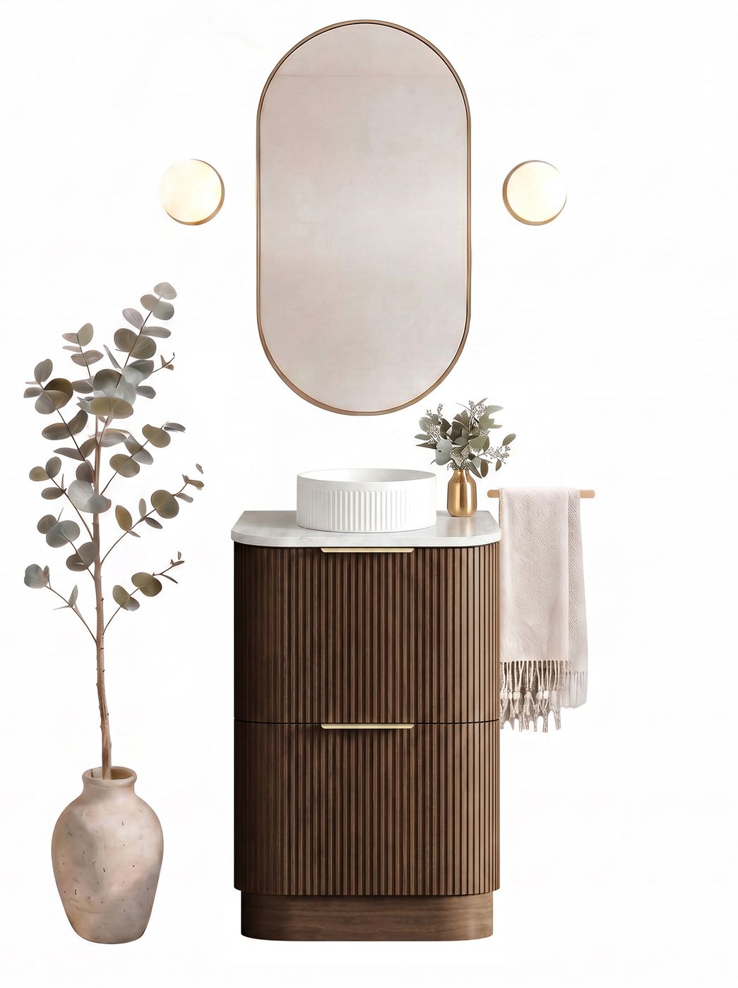Havana 600mm Sable Walnut Fluted Floorstanding Curve Vanity with Cloudy Carrara Top