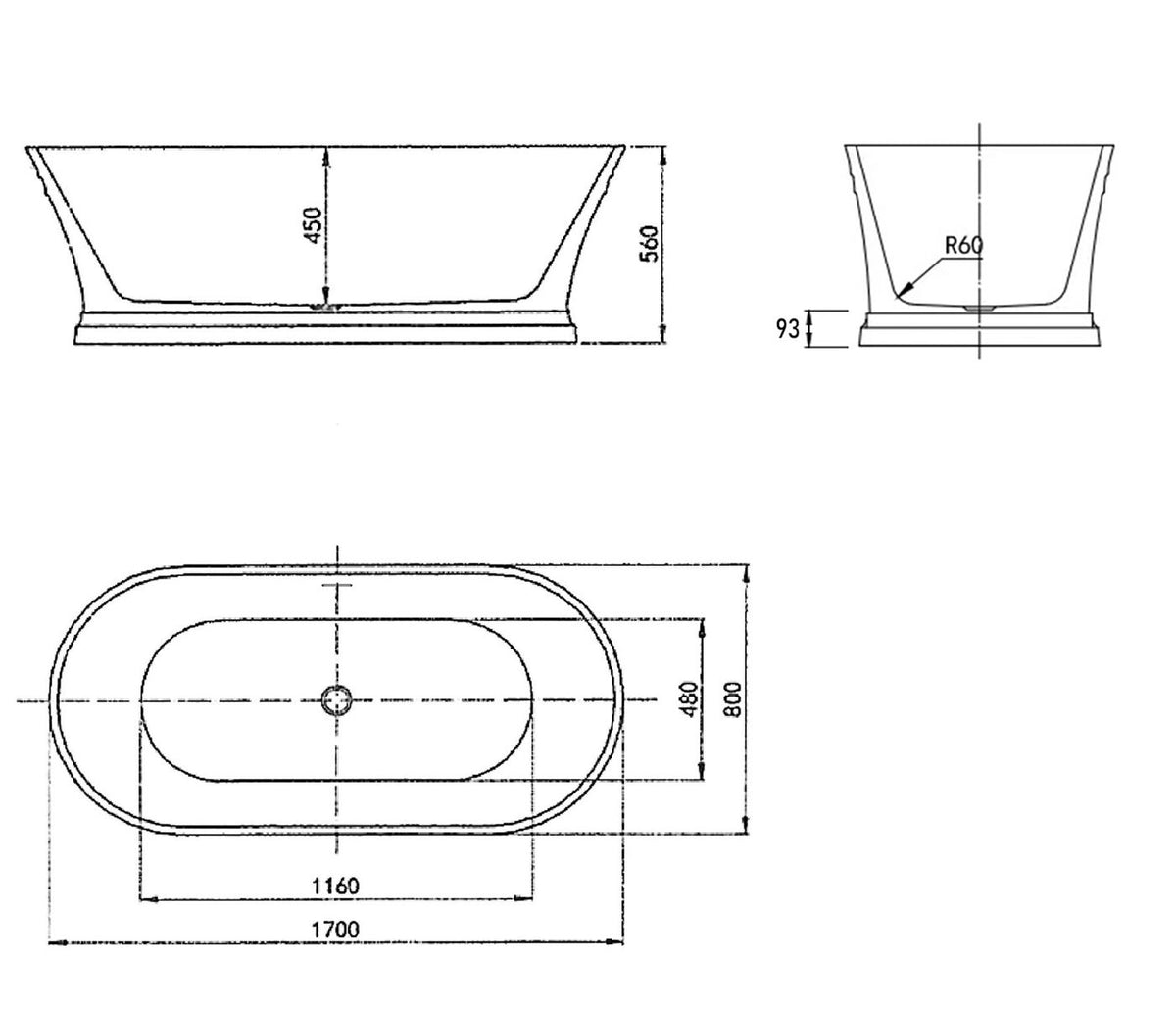 Hampton 1700x800x560 Matte White Bathtub with Overflow