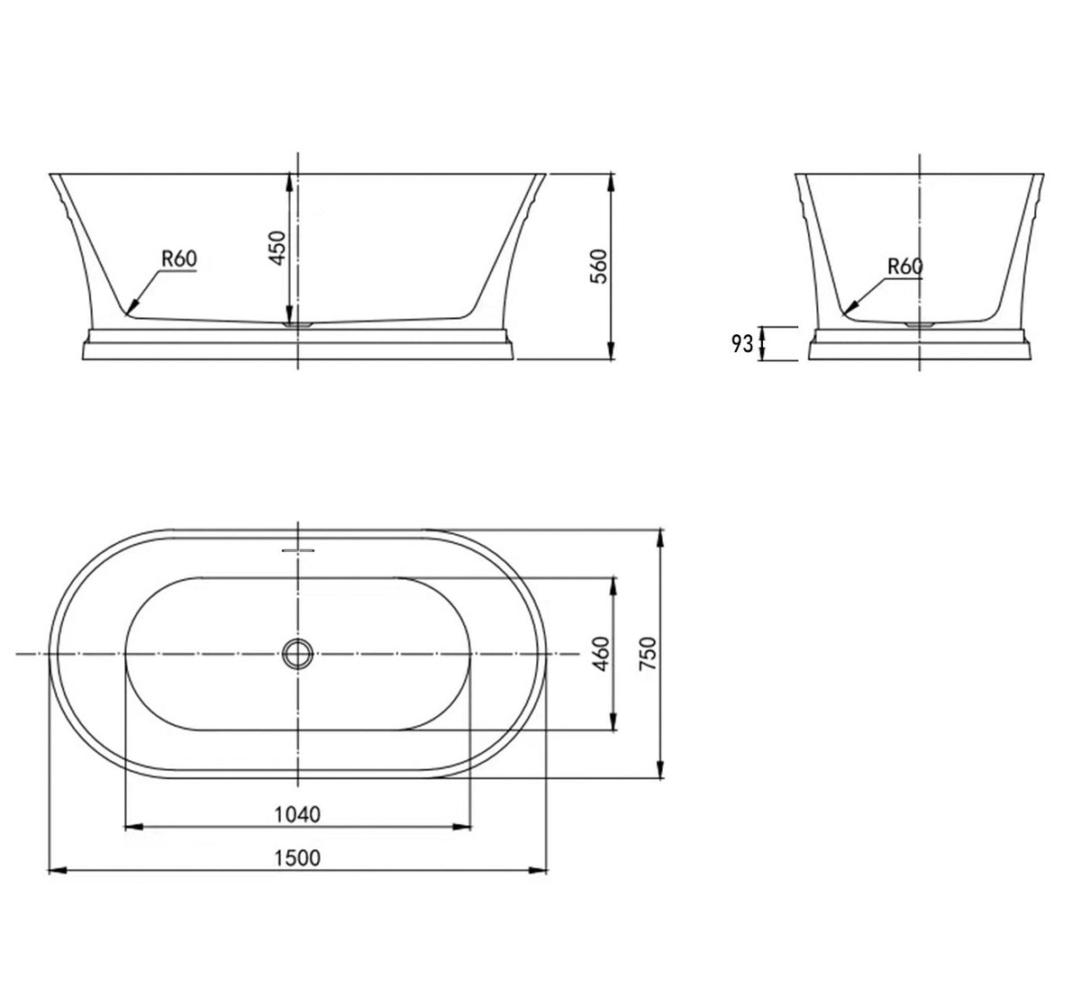 Hampton 1500x750x560 Matte White Bathtub with Overflow