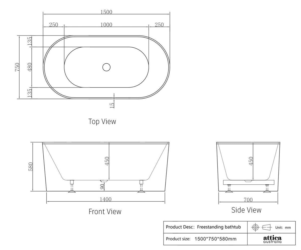 Attica Noosa Fluted 1500 Matte White Bath with Overflow