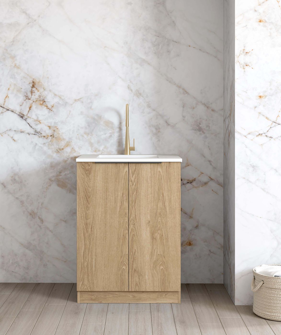 Mini Laundry 650mm Byron/Bondi Natural Oak with Natural Carrara Marble Top with 12 O'clock Tap Hole cut out