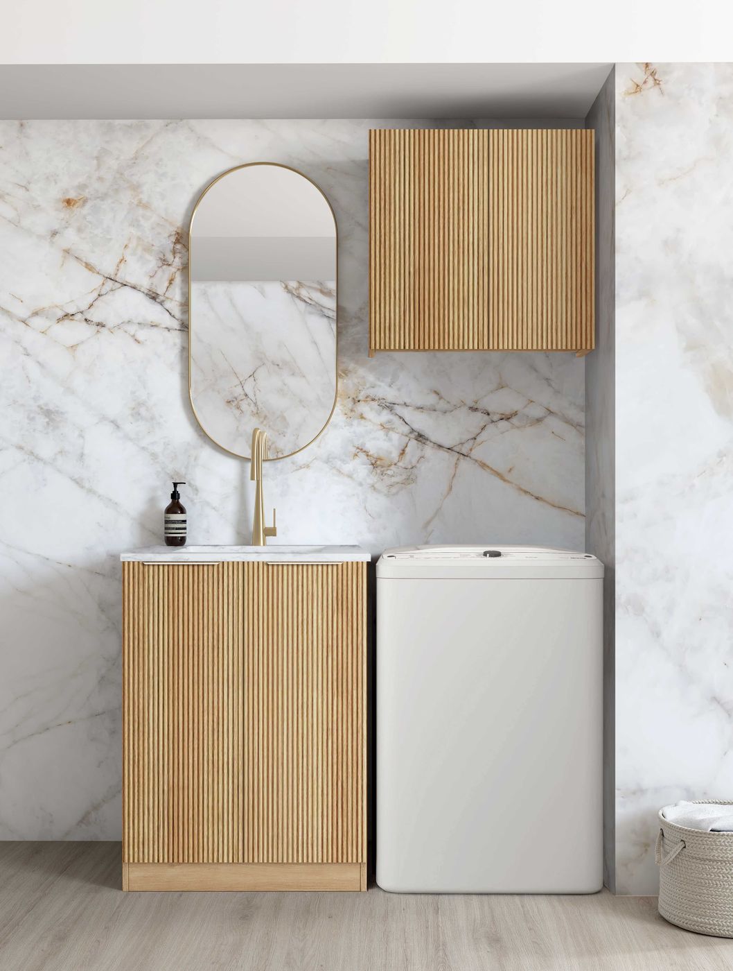 Wall and Base Cabinets Kit 650 Havana Fluted Woodland Oak with Natural Carrara Marble Top with 12 O'clock Tap Hole cut out
