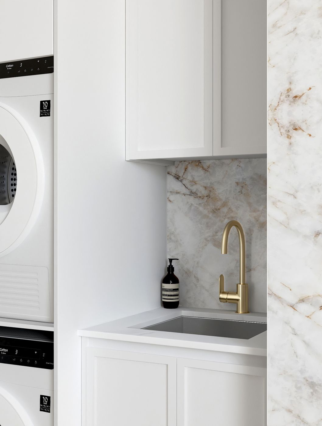 Laundry Kit 1305C Hampshire White with Natural Carrara Marble Top with 12 O'clock Tap Hole cut out