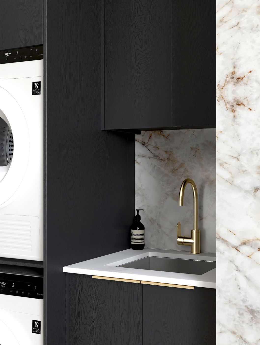 Laundry Kit 1305C Byron/Bondi Black Oak with Natural Carrara Marble Top with 12 O'clock Tap Hole cut out