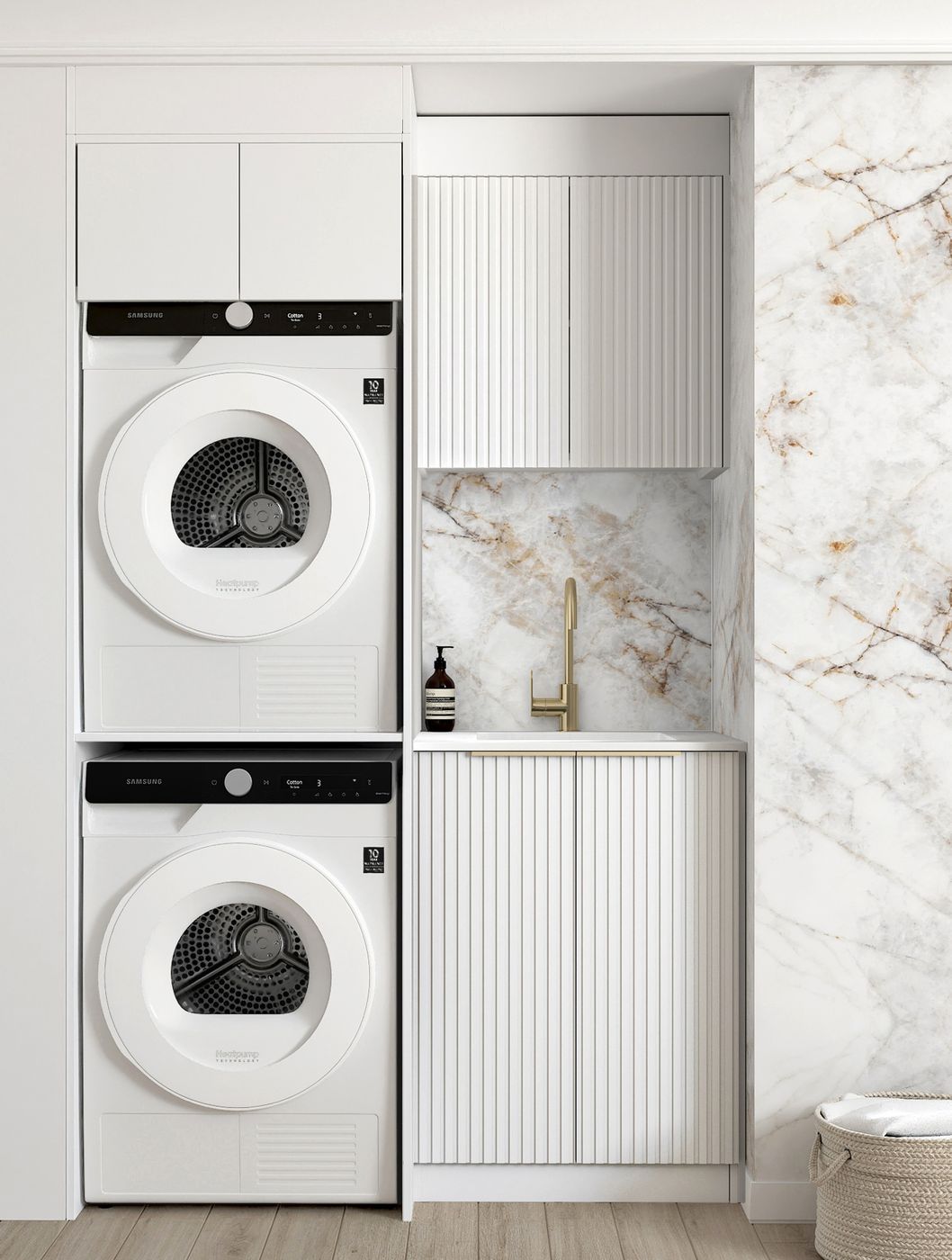 Laundry Kit 1305C Noosa Fluted White with Natural Carrara Marble Top with 12 O'clock Tap Hole cut out