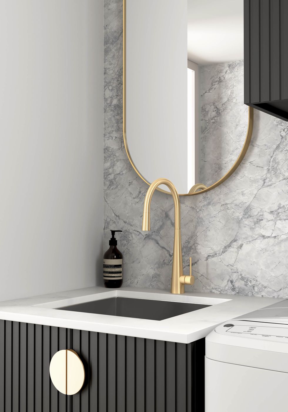 Wall and Base Cabinets Kit 650 Marlo Fluted Black with Natural Carrara Marble Top with 12 O'clock Tap Hole cut out
