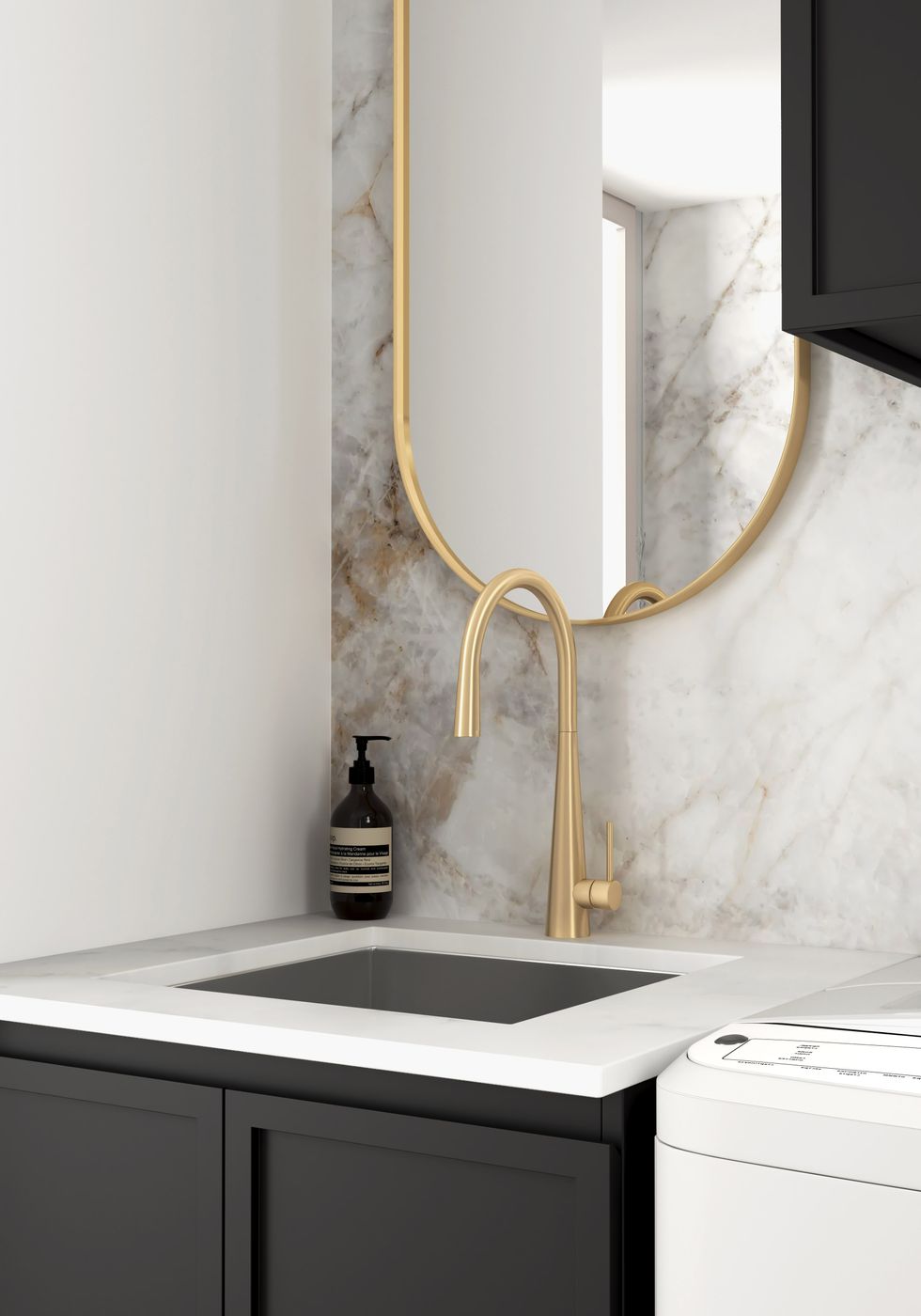 Wall and Base Cabinets Kit 650 Hampshire Black with Natural Carrara Marble Top with 12 O'clock Tap Hole cut out