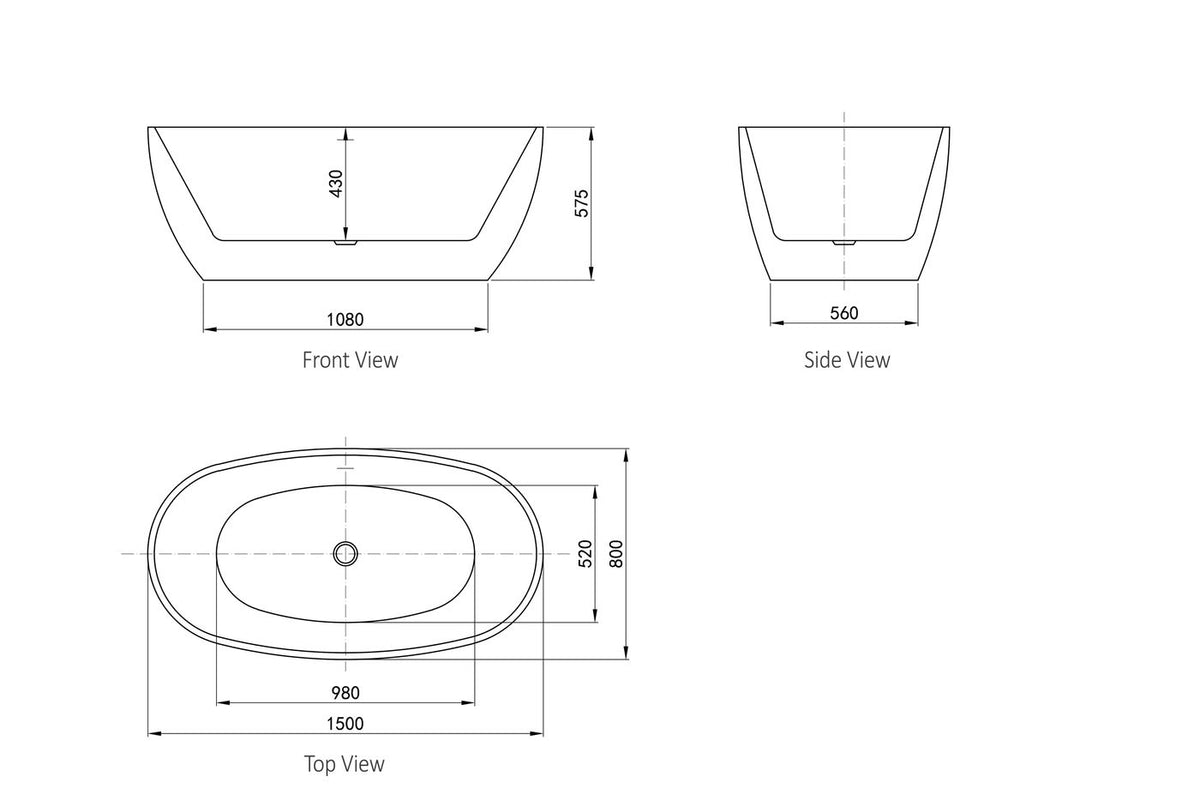 Vinny 1500x800x575 Gloss White Egg Shape Bathtub OF