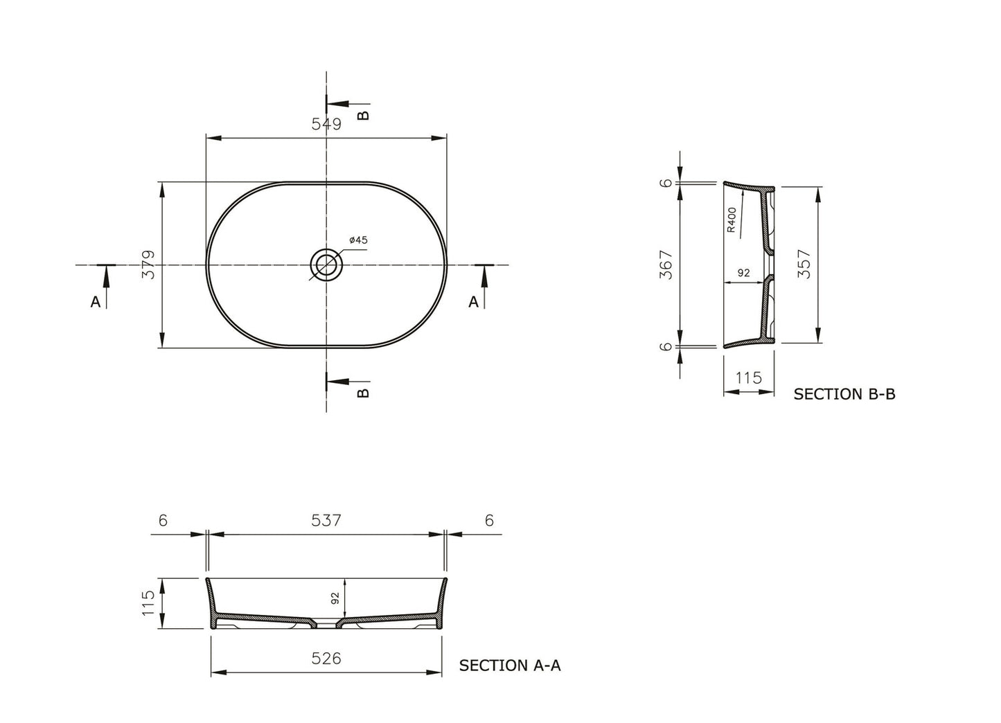 Fino 55 x 38 Matte White Above Counter Fireclay Basin