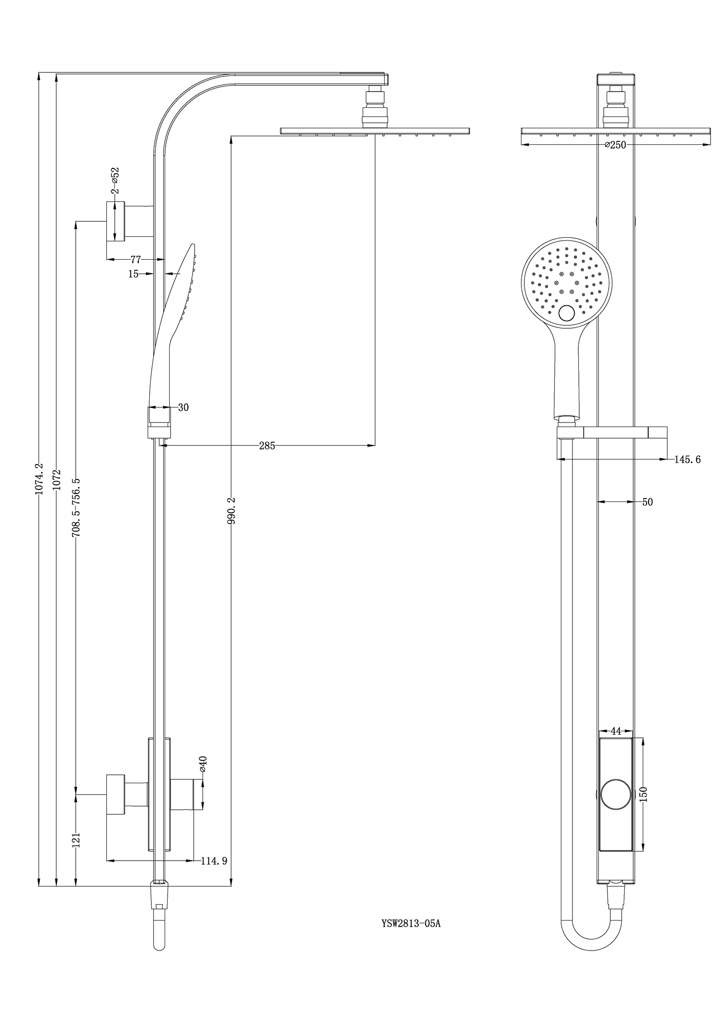 Rain Round Overhead Shower and Handshower on Column, Single Hose.
