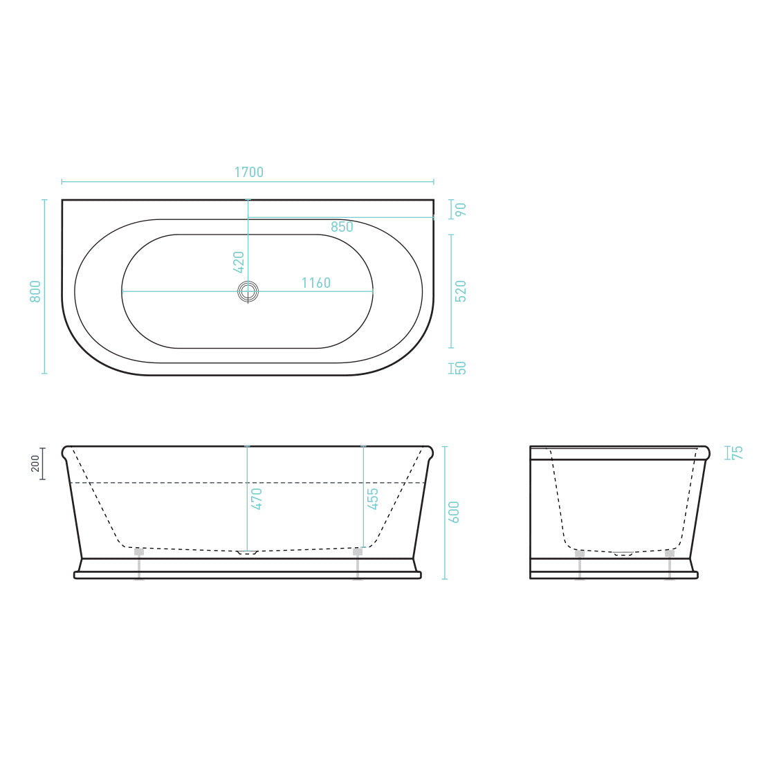 Decina Oxford 1700 Back-To-Wall Freestanding Bath