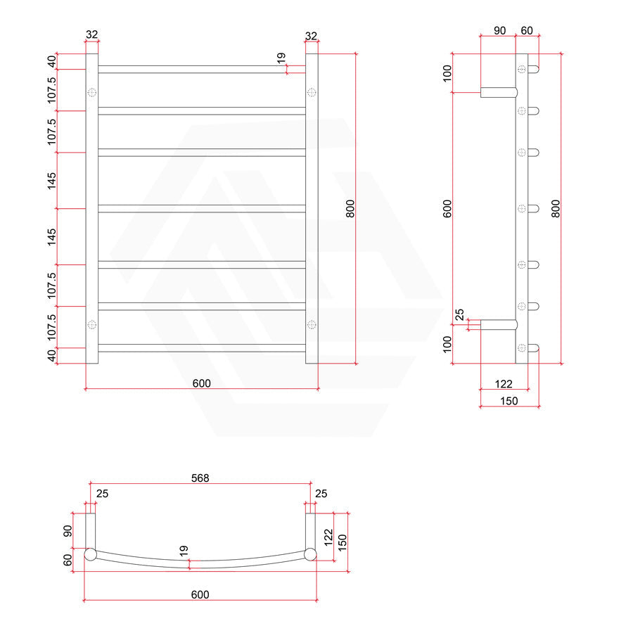 ThermoGroup 600x800x150mm 240V Budget Curved Round Ladder Heated Towel Rail 7 Bars Steel