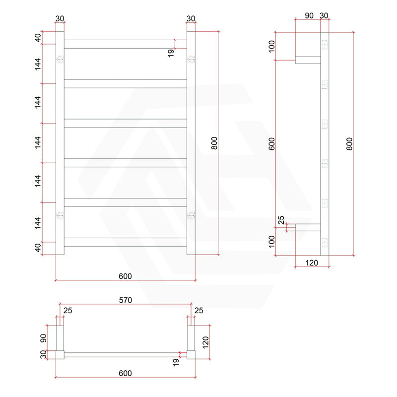 ThermoGroup 600x800x120mm 240V Straight Square Ladder Heated Towel Rail 6 Bars Matt