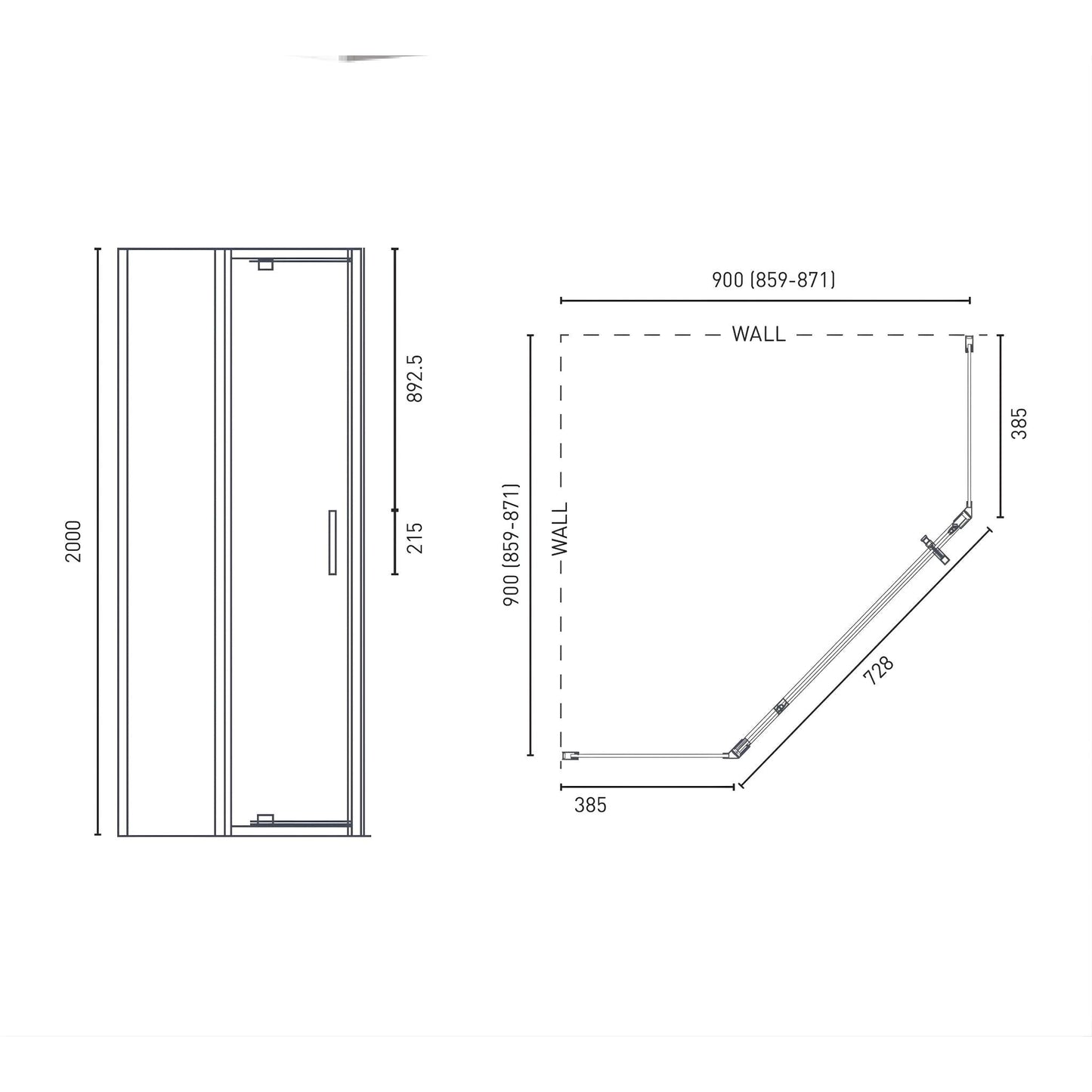 DECINA PREZZO SEMI-FRAMELESS ANGLED SHOWER SCREEN  900MM