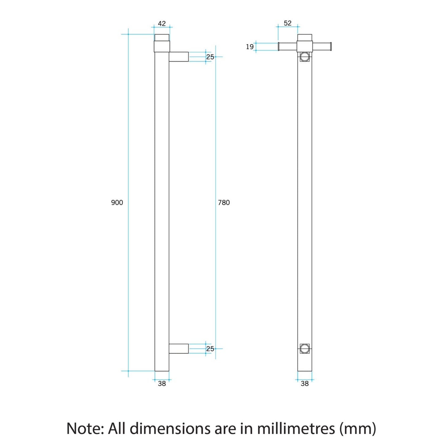 Thermorail Straight/Round 12Volt Vertical Bar 900X142X100MM 26Watts With Optional Hook - Lilac Satin