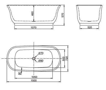 BELBAGNO BADEN FREESTANDING BATHTUB GLOSS WHITE (AVAILABLE IN 1500MM AND 1700MM)