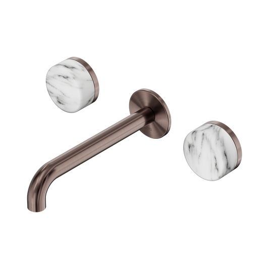 Serenity Wall Basin Set 185mm Spout With Arabescato Corchia Handle Brushed Bronze