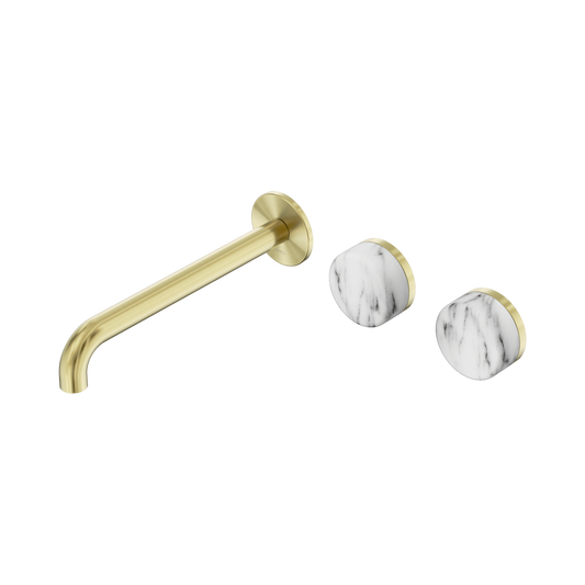 Serenity Wall Basin Set 220mm Offset Spout With Arabescato Corchia Handle Brushed Gold