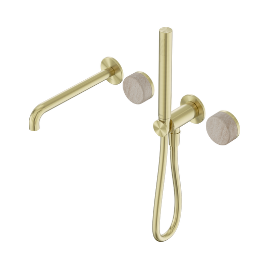 Serenity Progressive Shower System With Spout With Rome Travertine Handle And Slim Shower Brushed Gold