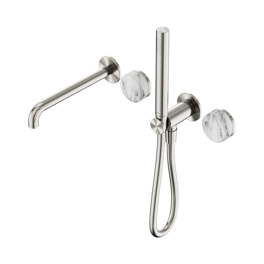 Serenity Progressive Shower System With Spout With Arabescato Corchia Handle And Slim Shower Brushed Nickel