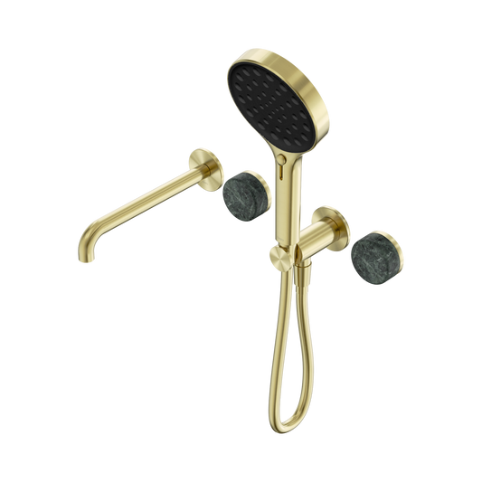 Serenity Progressive Shower System With Spout With Verde Alpi Handle And Serenity Hand Shower Brushed Gold