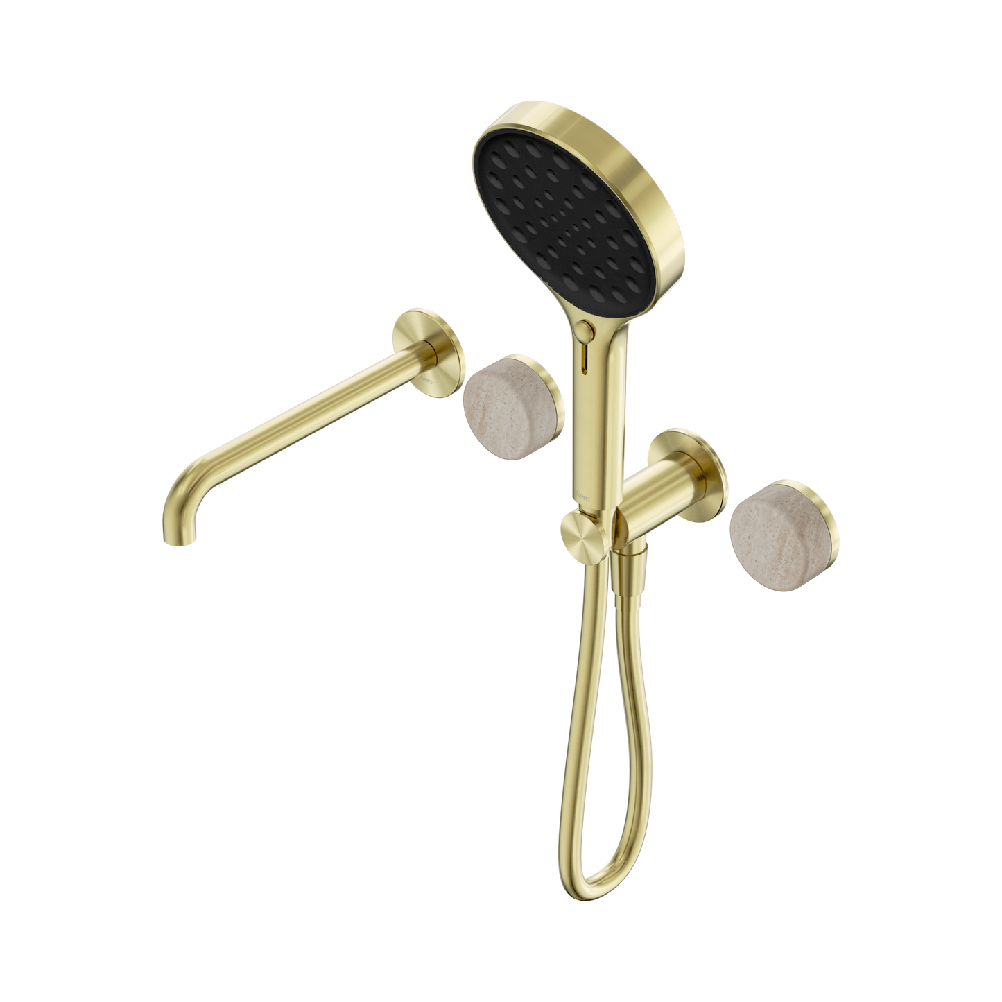 Serenity Progressive Shower System With Spout With Rome Travertine Handle And Serenity Hand Shower Brushed Gold